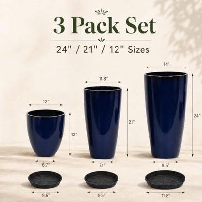 Neoaider Set of 3 Tall Planter, 24/21/12in Large Plastic Planter, Blue - color: Blue