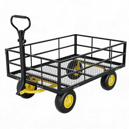 Steel Garden Cart on Wheels, 1400 Lbs Heavy Duty Yard Utility Wagon with Removable Mesh Sides, All Terrain Pneumatic Tires, Durable Metal Frame for Lawn, Garden, Farm - Black Yellow - color: Black+yellow, size: 1400LBS