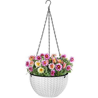 Foraineam 10.2 Inch Dual-pots Design Hanging Basket Planters Self-Watering Indoor Outdoor Hanging Flower Plant Pot with Drainer and Chain (White) - size: 10.2”