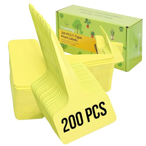 Plant Labels 200 Pcs Yuanling T-Type Plastic Garden Tags Waterproof Plant Sign Stakes Nursery Garden Makers for Seedlings Flower Vegetables Herb Potted Belt Permanet Marker Pen (Yellow) - color: Yellow