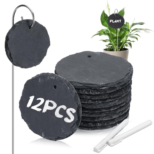Colingmill 12 Sets Plant Labels Slate Plant Tags Garden Sign Marker Weatherproof Reusable Natural Slate Garden Sign Hanging Tag with Metal Stake and Pen for Outdoor Flower Vegetable(Oval) - style: Oval