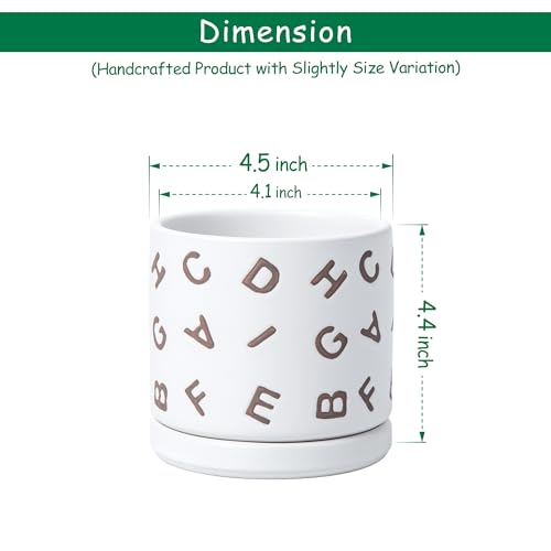 D'vine Dev Set of 2 Ceramic Planter Pots with Drainage Hole and Saucer, 4.5 Inch Plant Pots for Plants Indoor Houseplants, White, 99-Z-G-1-V - size: 4", style: Letters White