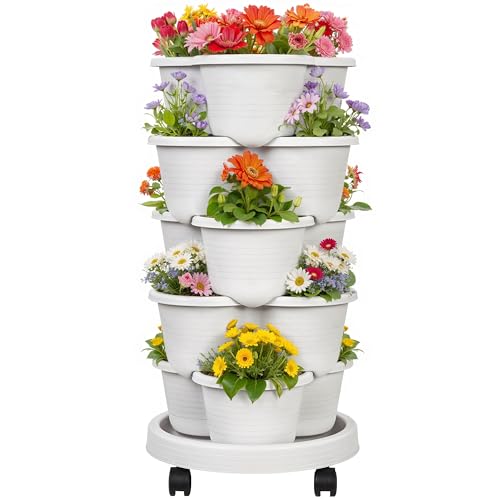 VECELO 5 Tier Vertical Garden Planter, Self Watering Stackable Planters with Wheels for Strawberries, Herbs, Flowers, Vegetables, Gray - color: Gray, size: 5 Tier