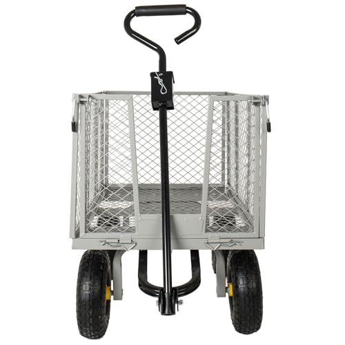 4-in-1 Oversized Steel Dump Garden Cart, 880lbs Pullable Mesh Metal Utility Cart with Removable Liner, Side Panels & Mesh Tray for Outdoor Lawn, Patio, Landscaping, Gray