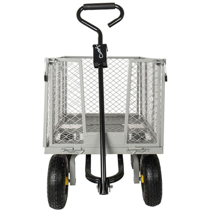 4-in-1 Oversized Steel Dump Garden Cart, 880lbs Pullable Mesh Metal Utility Cart with Removable Liner, Side Panels & Mesh Tray for Outdoor Lawn, Patio, Landscaping, Gray