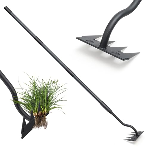 Manual Weeder Tool,4 Tines Garden Weeding Rake with Sharp Blade,55 Inch Long Handle,Heavy Duty Stand Weeding Tool for Weeding Loosening Soil Gathering Leaf Leveling Thatch Rake - style: 4 Teeth