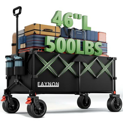46" L Collapsible Foldable Extended Wagon, 500LB Weight Capacity with 280L Heavy Duty Folding Cart,Utility Wagon with All-Terrain Beach Wheel & Drink Holders,Black - color: Carbon Black