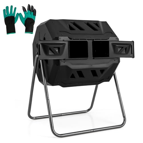 Goplus Compost Bin, Outdoor 42-Gal Dual Chamber Composting Tumbler w/2 Sliding Doors, Heavy-Duty Metal Frame, 360° Rotatable Tumbling Composter, BPA-Free Compost Tumbler for Kitchen Garden Yard Waste - color: Black