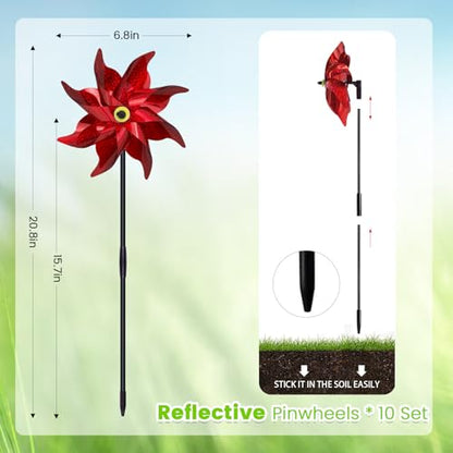10 PCS Reflective Pinwheels for Yard and Garden Bird Devices Pre-Installed Sparkly Wind Spinner Deterrent to Scare Birds Away from Yard Patio Farm (Red) - color: Red
