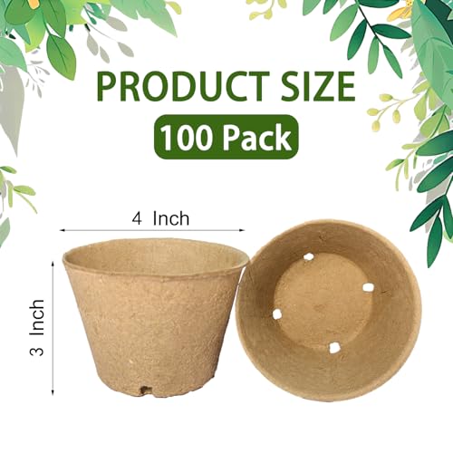100 Pack 4 Inch Peat Pots, Biodegradable Seed Starter Pots with Drainage Holes for Indoor/Outdoor Gardening, Eco-Friendly Garden Germination Nursery Pots. (100, 4 Inch)