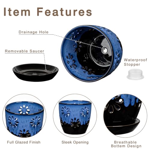6 inch Orchid Pots with Holes Blue Black Ceramic Orchid Pot for Repotting - color: Blue&black
