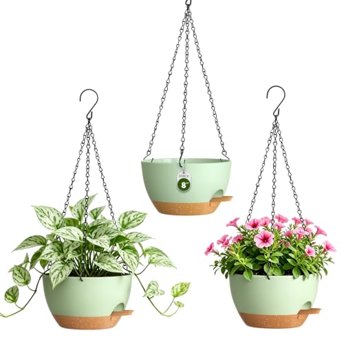 8 Inch Self Watering Hanging Planters Set of 3 with Saucers - color: Green Brown, size: 8 Inch 3 Pack