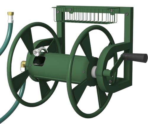 Artigarden Garden Wall Mounted Hose Reel, Outdoor Heavy-Duty Water Hose Holder Winder, Holds 125 Feet of 5/8-Inch Hose, with 3.9 ft Leader Hose, Water Fitting and Storage Basket for Yard, Green - color: Green