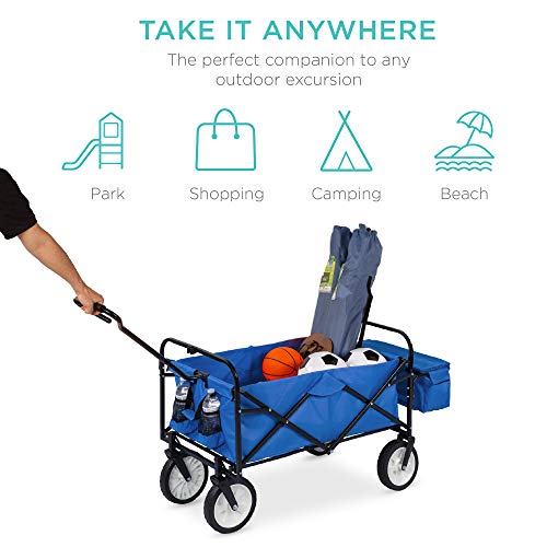 Best Choice Products Collapsible Folding Outdoor Utility Wagon with Canopy Garden Cart for Beach, Picnic, Camping, Tailgates w/Removable Canopy, Detachable Pockets, 150lb Weight Capacity - Blue - color: Blue