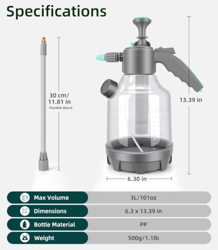 3L Pump Sprayer with 12-Inch Long-Reach Flexible Wand for Garden