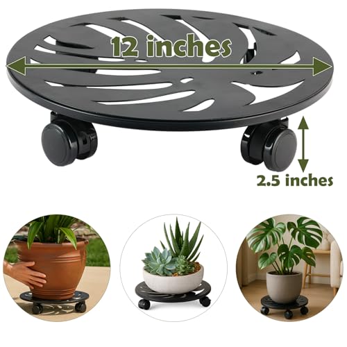 1-Pack 12 Inches Round Metal Plant Caddy with Wheels Heavy Duty Large Rolling Plant Stand Indoor Outdoor Wheeled Planter Dolly Cart with Lockable Casters Flower Pot Mover Roller Trolley, Black - size: 12 in