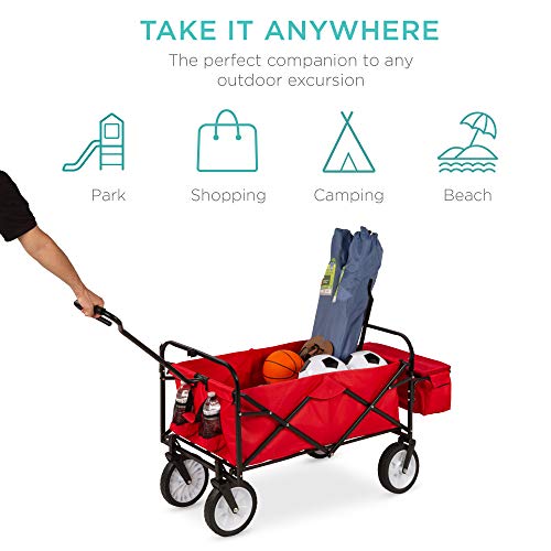 Best Choice Products Collapsible Folding Outdoor Utility Wagon with Canopy Garden Cart for Beach, Picnic, Camping, Tailgates w/Removable Canopy, Detachable Pockets, 150lb Weight Capacity - Red - color: Red