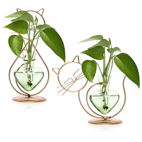 Plant Terrarium Propagation Station Gifts for Women Cat Lover - color: Gold Green