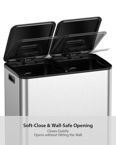Lovewind Dual Trash and Recycling Bins for Kitchen, 2 * 11-Gallon Stainless Steel Double Trash Can, Step-On Garbage and Recycle Combo, Quiet Close, Pet-Proof, Compatible with 13-Gallon Bags, Silver - color: Silver, size: 2 x 11 Gallon