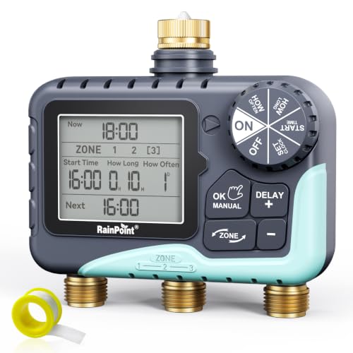 RAINPOINT 2027 V2 Upgrade 3 Zone Water Timer, Solid Brass Inlet & Outlet, IP65 Waterproof, 3 Independent Schedules, Rain Delay, Manual & Automatic Irrigation for Garden Yard Lawn Greenhouse - color: Dark Grey
