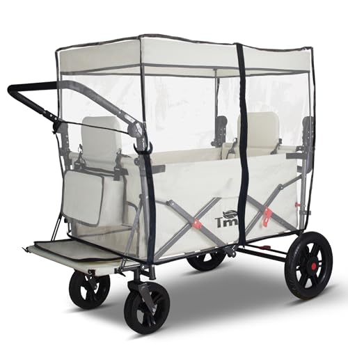TMZ Foldable Wagon with Rain Cover & 2 Seats, Collapsible Folding Wagon with Adjustable Handle Bar, Multi Functional Cart with Canopy, Front Expandable Garden Cart (Transparent/Beige) - color: Transparent/Beige