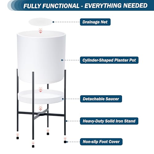 D'vine Dev Plastic Planter Pot with Metal Stand, White, 14 in, 55-D-A-4 - color: White, size: 14 Inch