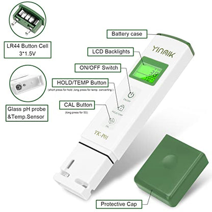 YKMINK YK-P01 pH Tester, Digital pH Meter for Water,pH Temp Meter with ATC - color: Green pH Tester