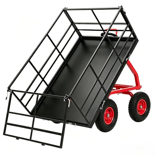 1500 lbs Steel Garden Cart, Heavy Duty Pullable Garden Wagon Yard Cart, Folding Utility Wagon with Removable Sides, Garden Wagon Cart on Wheels, Dump Wagon with 13 in Tires180° and Swivel Handle