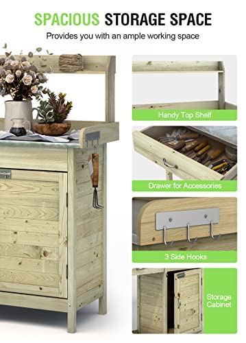 ARNOT Outdoor Potting Bench with Stainless Steel Tabletop, Wooden Garden Workstation with Storage Shelves for Planting, Repotting and Gardening Tools, Natural Fir Wood, 44" x 18" x 49.5"