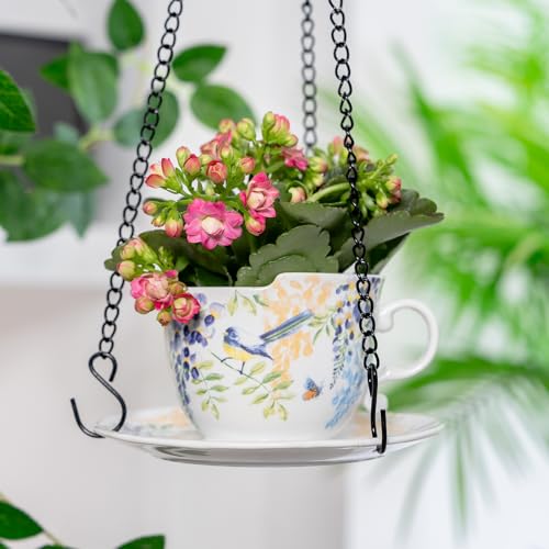 TEATALK Hanging Planters for Indoor Plants, Ceramic Pots with Drainage Hole, 4 Inch Hanging Planter with Chain, Outdoor Hanging Baskets for Plants, Birds & Flowers, Cup Shape - style: Flowers Birds