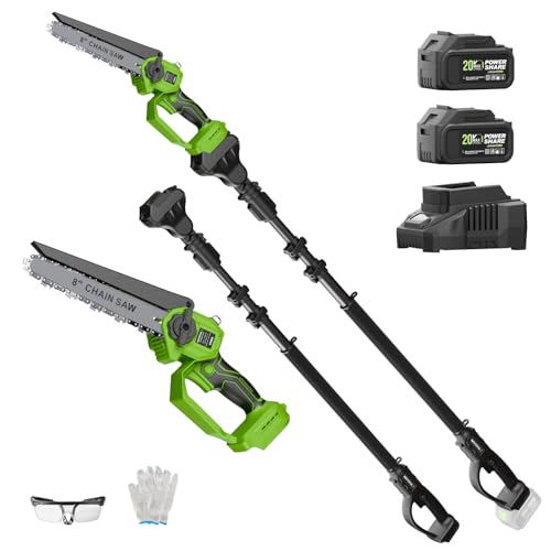 2-in-1 Cordless Pole Saw & 8-Inch Mini Chainsaw 20V 3.0Ah*2 15FT Reach Electric Tree Trimmer Battery Powered Chainsaw with Extension Pole for Tree Trimming Branch Cutting Pruning - color: Green