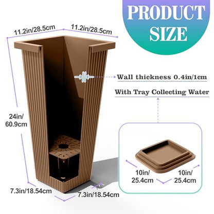 TUYOHW 24 Inch Tall Tapered Square Planters (Set of 2) - Indoor Outdoor Large Flower Pots with Built-in Drainage & Matching Water Tray for Patio, Garden, Home - Brown - color: Brown-ribbed