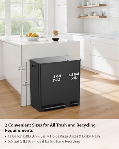 Lovewind Double Trash Can Kitchen, 13+5.5 Gallon Stainless Steel Dual Trash and Recycle Bin Combo with Silent Close Lid, Heavy-Duty Foot Pedal, Easy to Clean Garbage Can for Large Families, Black - color: Black, size: 13+5.5 Gallon