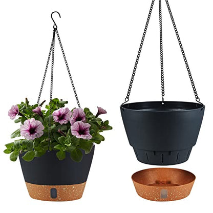 2 Pack Hanging Planters for Indoor Outdoor Plants, 10 Inch Hanging Flower Pot Basket with Drainage Hole with Removable Tray&Hooks Self Watering Plant Pot for Hanging Plants, Dark Grey