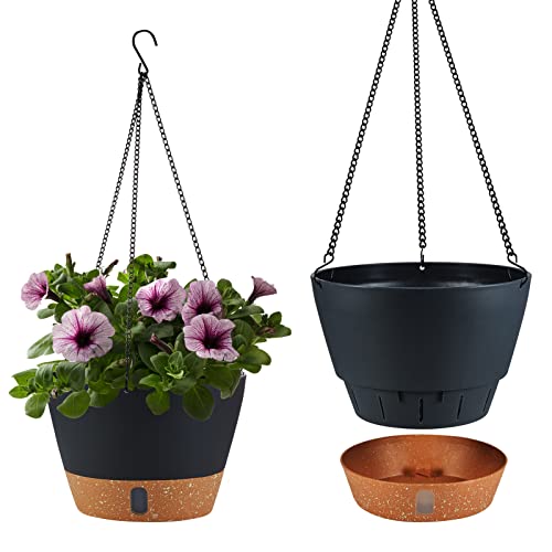 2 Pack Hanging Planters for Indoor Outdoor Plants, 10 Inch Hanging Flower Pot Basket with Drainage Hole with Removable Tray&Hooks Self Watering Plant Pot for Hanging Plants, Dark Grey