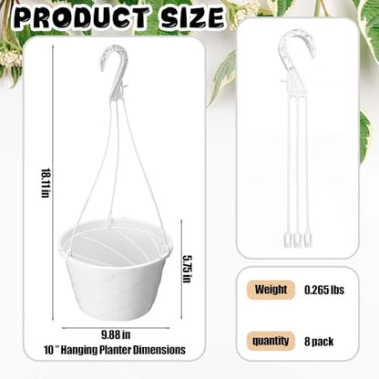 8 Pcs 10 Inch Hanging Planter with Drainage Insert, White - color: White