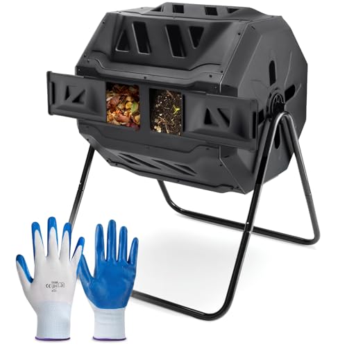 PLASTIC PRINCE Compost Tumbler Rotating Garden Compost Bin Outdoor Dual Chamber 43 Gallon Backyard Composter Tumbling Barrel Mixer Outside, Large, Black - color: Black