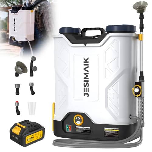 JESIMAIK Backpack Sprayer with Agitator, 120 PSI Handle-Mounted Pressure Control, 4.8 Gallon, 4.0Ah Battery Powered Weed Sprayer with Telescopic Wand & 5 Nozzles for Lawn & Garden