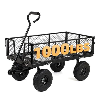 Finnhomy Heavy Duty 1000 Lbs Capacity Mesh Steel Garden Cart, Pullable Garden Wagons Carts on Wheels, Folding Utility Wagon with Removable Sides for Outdoor, Yard, Lawn, Black - color: Black