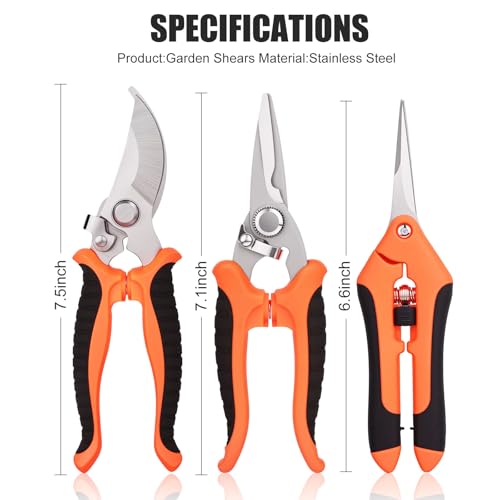 3 Pcs Garden Pruning Shears, Stainless Steel Gardening Scissors