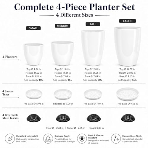 Usocik Large Outdoor Planters, Set of 4, 10/12/21/24 Inch, Glossy White - color: Glossy White