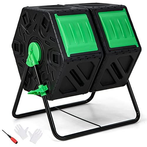 Goplus Compost Bin, Dual Chamber 34.5 Gal Compost Tumbler with 2 Rotating Chambers, Sliding Doors, High-Volume Outdoor Garden Composter, Rotating Composting Bin for Garden Yard, BPA Free - color: Black, size: 34.5 Gallon