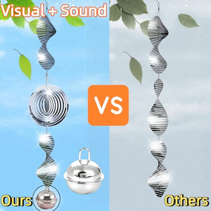 9 PCS Stainless Steel Bird Deterrent – 3D Wind Spinner with Bells, Visual & Sound Bird Scarer, Reflective Wind Chimes to Keep Woodpeckres, Pigeons, Crows Away, Garden Decor for Yard Patio Farm