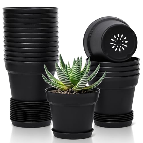 T4U Small Plant Pots 5 Inch 18 Pack, Plastic Flower Pots with Saucer Black - color: Black, size: 5 In
