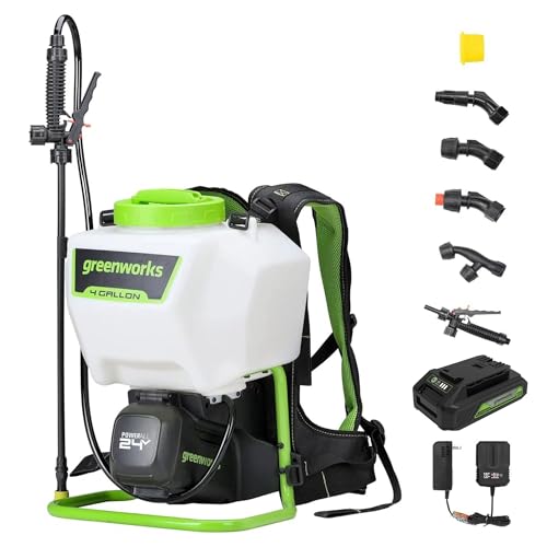 Greenworks 24V 4 Gallon Battery Powered Backpack Sprayer with 5 Tips, 70PSI Pressure-Weed Killer, Pest Control, Sanitizing & Garden Spraying, High-Pressure Sprayer, 2.0Ah Battery and Charger Included - size: W/ Battery & Charger