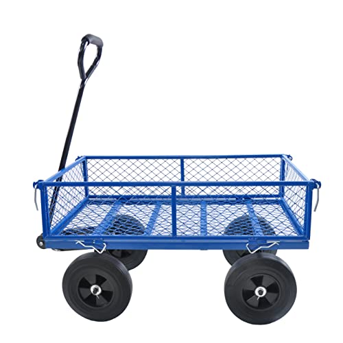 Metal Utility Wagon with 10" Solid Large Wheels 500 Lbs Capacity Heavy Duty Wheel Barrow Mesh Steel Garden Wagon Cart Dump Cart Pullable with 180° Rotating Handle Removable Sides (Blue) - color: Blue