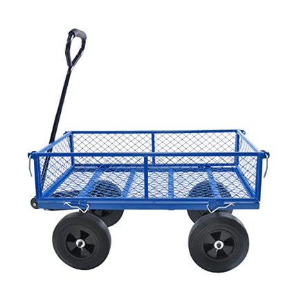 Metal Utility Wagon with 10" Solid Large Wheels 500 Lbs Capacity Heavy Duty Wheel Barrow Mesh Steel Garden Wagon Cart Dump Cart Pullable with 180° Rotating Handle Removable Sides (Blue) - color: Blue