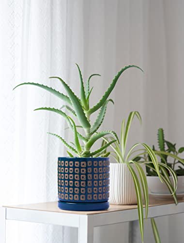 D'vine Dev Set of 2 Ceramic Planter Pots with Drainage Hole and Saucer, 4.5 Inch Plant Pots for Plants Indoor Houseplants, Blue, 99-Z-A-6-V - size: 4", style: Geometric Blue