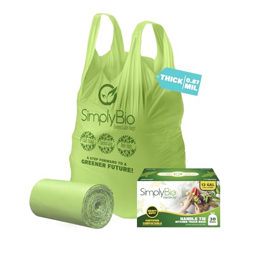 Simply Bio 13 Gallon Compostable Trash Bags Liners with Handle-Tie, Thick 0.87 Mil, 49.21 Liter, 30 Bags, Tall Kitchen Food Scrap Waste Bag, ASTM D6400, US BPI and OK Compost Home Certified - size: 1 Count (Pack of 30), style: Handle-Tie (13 Gal)