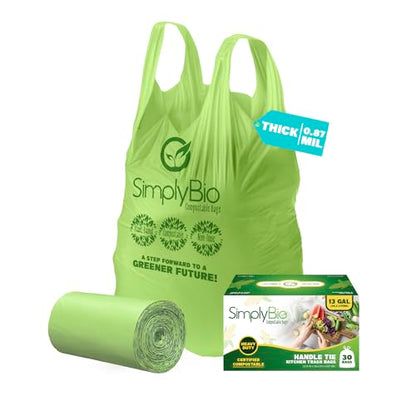 Simply Bio 13 Gallon Compostable Trash Bags Liners with Handle-Tie, Thick 0.87 Mil, 49.21 Liter, 30 Bags, Tall Kitchen Food Scrap Waste Bag, ASTM D6400, US BPI and OK Compost Home Certified - size: 1 Count (Pack of 30), style: Handle-Tie (13 Gal)